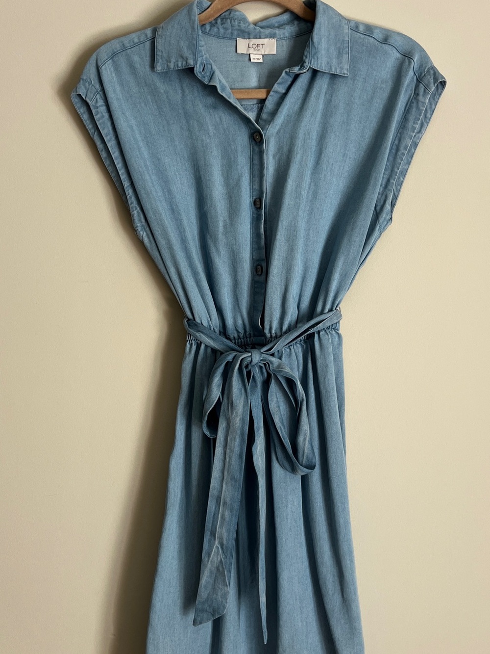 LOFT Blue Chambray Maxi Shirt Dress with Tie Waist